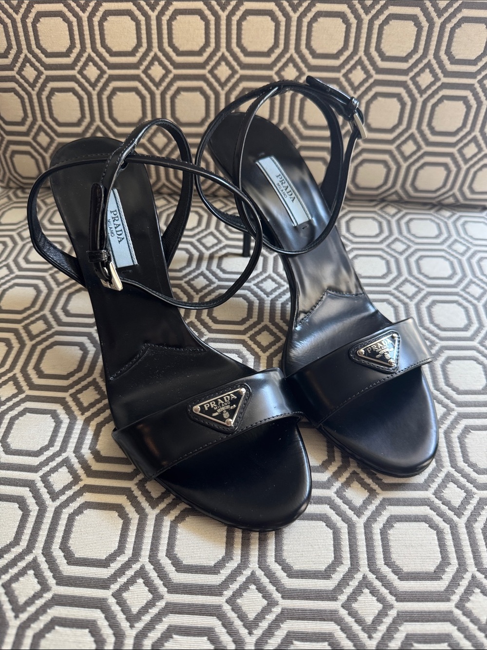 Prada Black Leather Triangle-Logo Ankle-Strap Heels